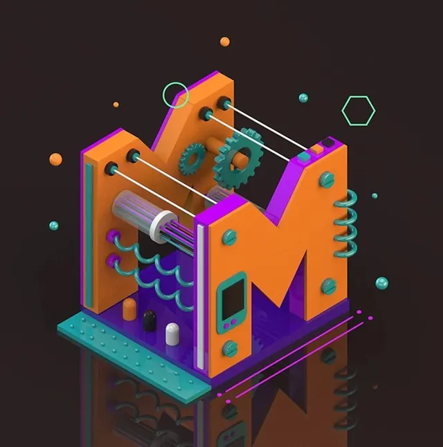 Isometric 3D mechanical letter M, 3d-render, illustrated, dark