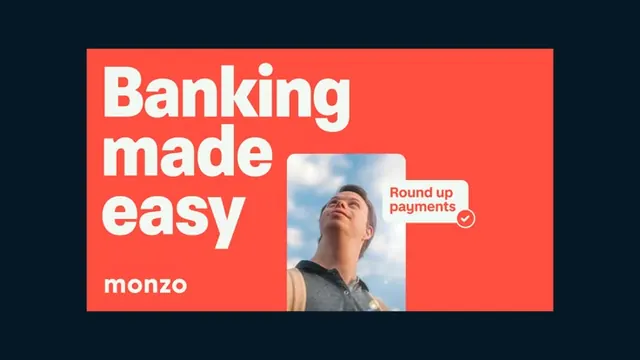 Monzo banking hero with coral background and portrait, flat, minimal, vibrant