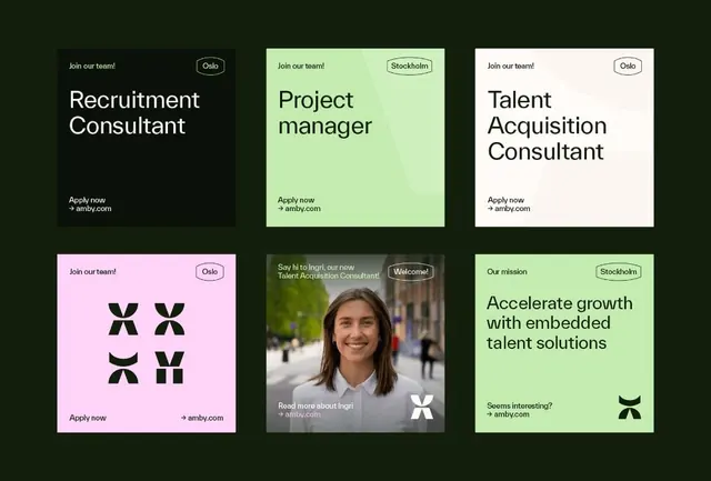 Recruitment card grid with mint-green accents, corporate-clean, minimal, dark