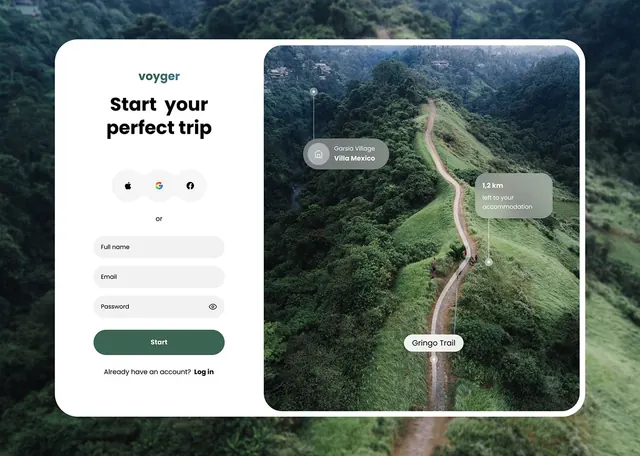Voyager travel app login screen with split layout, minimal, light-mode, light