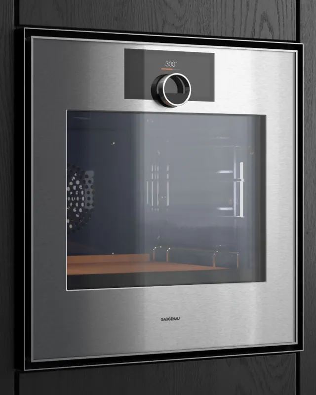 Industrial oven product mockup with rotation control, minimal, technical, dark