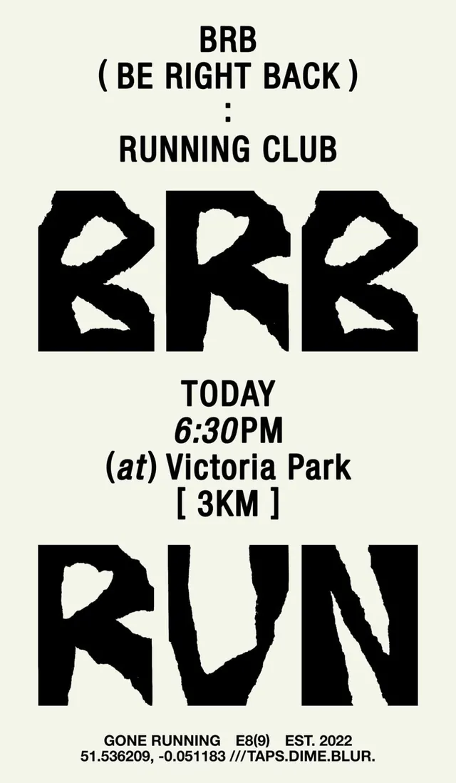 BRB Running Club poster, geometric, playful, monochrome