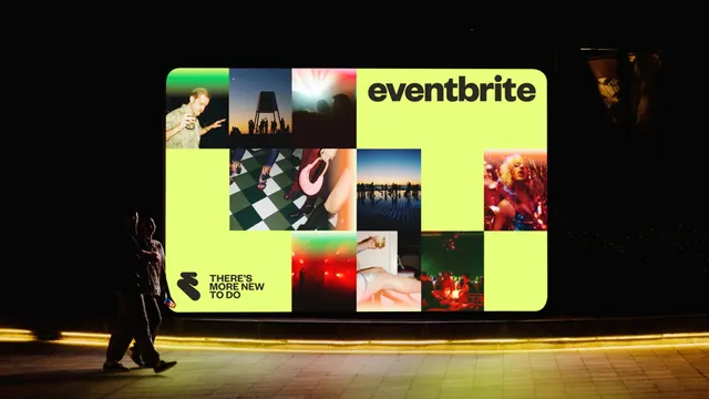 Eventbrite digital billboard with photo grid, gradient-heavy, photographic, dark