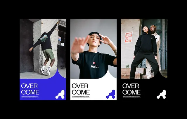 Three-panel lifestyle campaign with color-blocked footer, geometric, dark