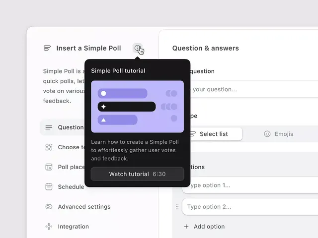 Poll creation UI with instructional tooltip overlay, minimal, corporate-clean, light