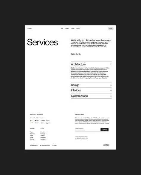 Monochrome services page with nested accordion layout, minimal, corporate-clean, light