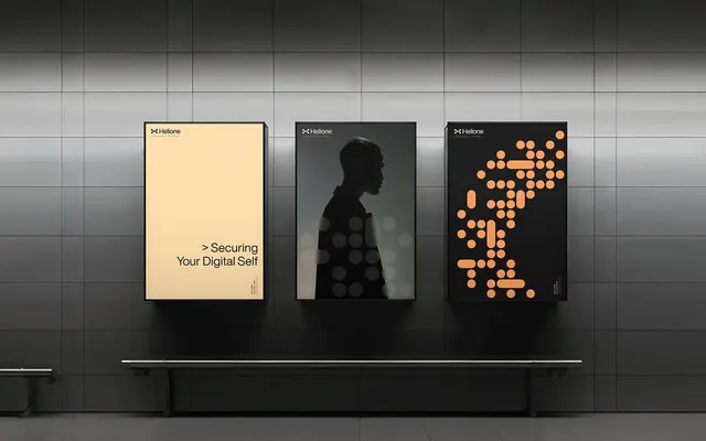Helione brand identity wall installation, minimal, corporate-clean, dark