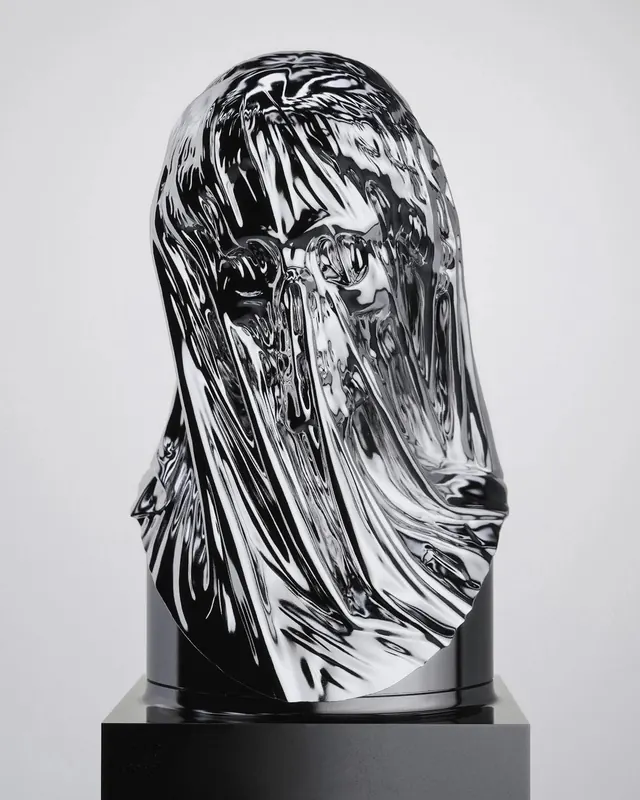 Sculptural Chrome Bust, abstract, luxury, monochrome