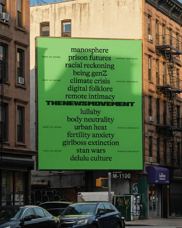 Lime-green activist billboard with socially urgent typography, brutalist, vibrant