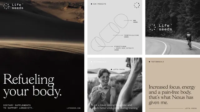 Life Seeds supplement brand layout, minimal, organic, dark