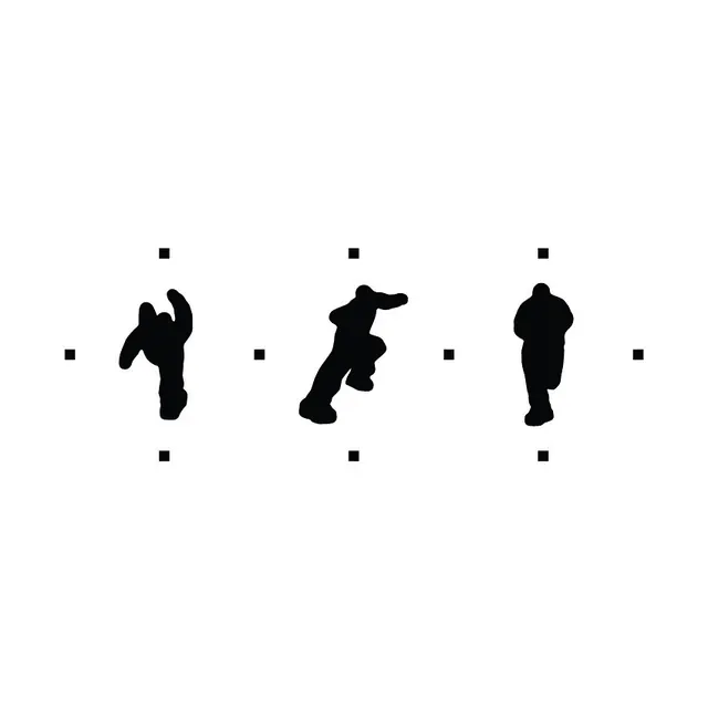 Three silhouette icons with grid anchors, minimal, geometric, dark