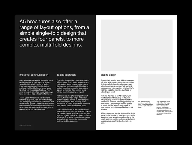 Stark black-and-white brochure spread with dense typography, minimal, corporate-clean, dark