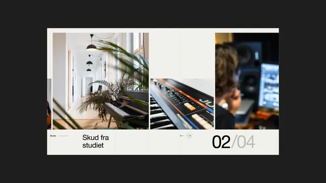 Portfolio carousel with three-image grid and navigation, minimal, corporate-clean, monochrome