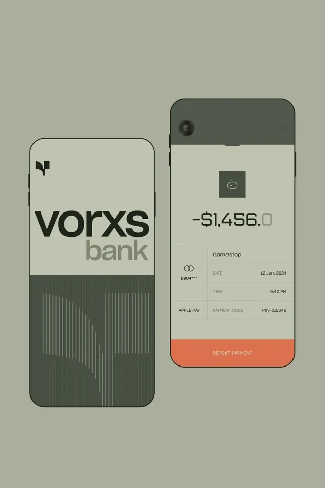 Vorxs bank mobile payment UI system, minimal, flat, light