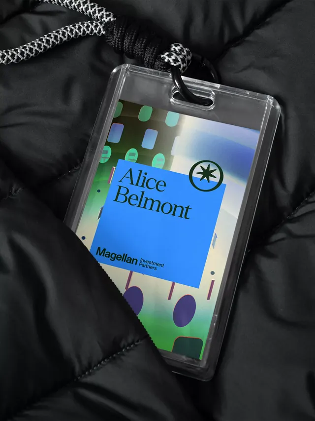 Alice Belmont badge design with gradient overlay, corporate-clean, minimal, cool