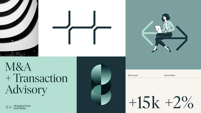 M&A advisory portfolio grid with illustration and data, minimal, corporate-clean, cool