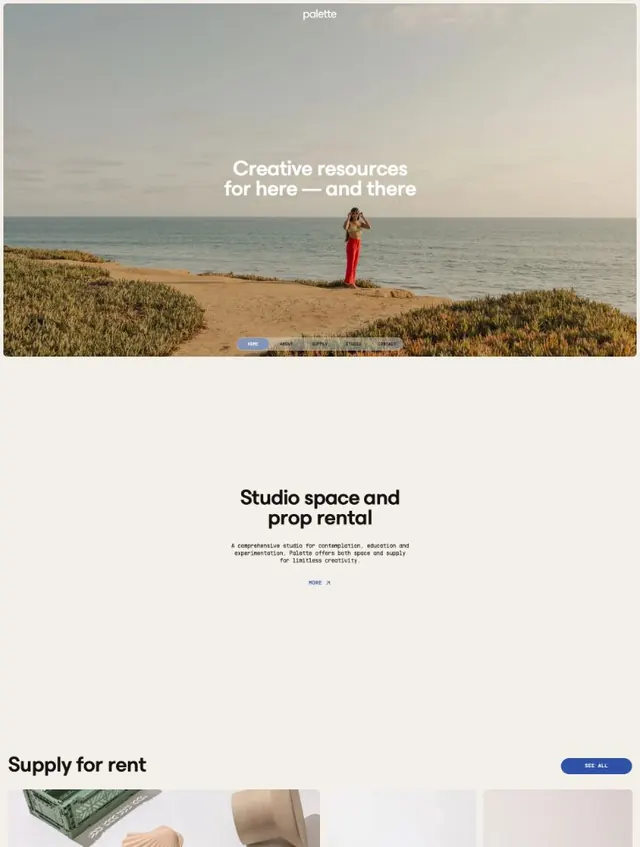 Warm-toned lifestyle landing page with beach hero, photographic, light-mode, warm