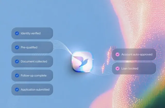 Fintech onboarding flowchart with gradient particles, gradient-heavy, minimal, cool