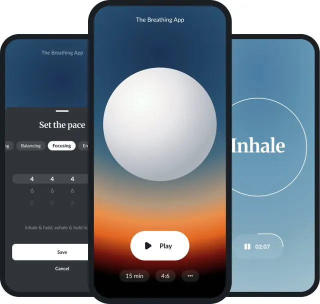 The Breathing App meditation UI mockup, dark-mode, minimal, gradient