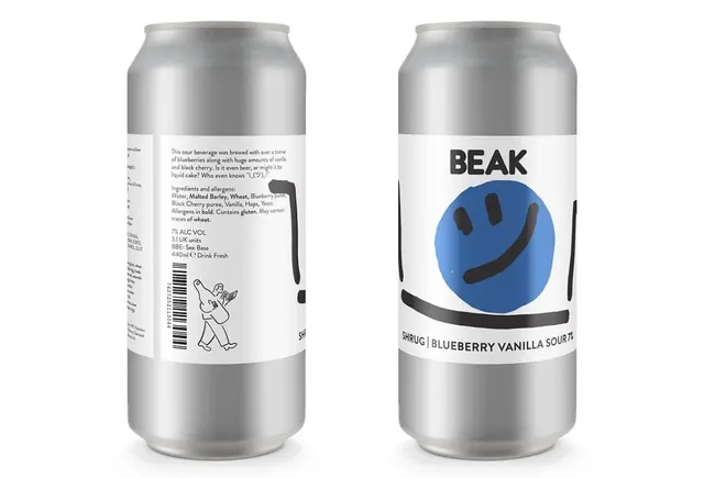 Metallic beer can with minimal dark blue typography, minimal, geometric, light
