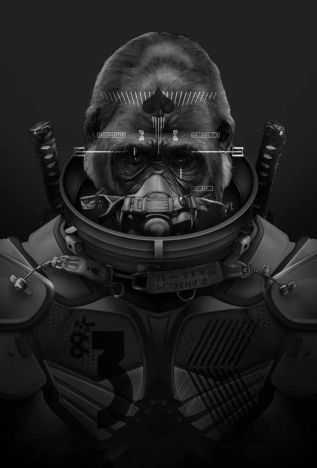 Cybernetic Soldier Portrait, dark-mode, technical, monochrome