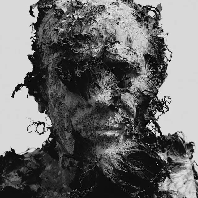 Textured Portrait Illustration, brutalist, organic, monochrome