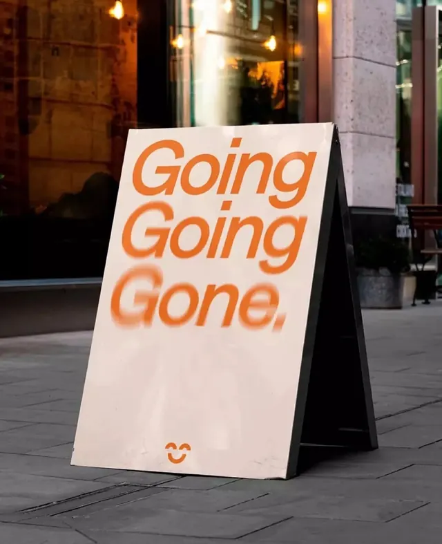 Going Going Gone Signage, minimal, flat, high-contrast