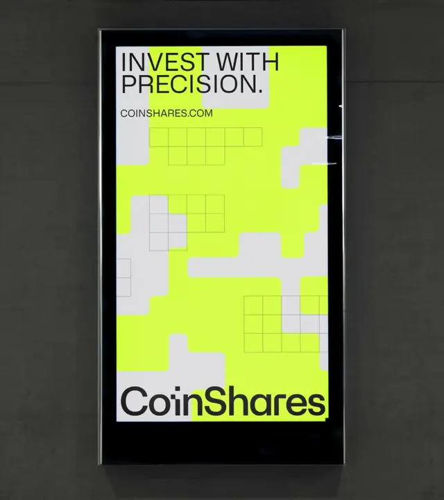CoinShares neon grid fintech ad, geometric, minimal, dark
