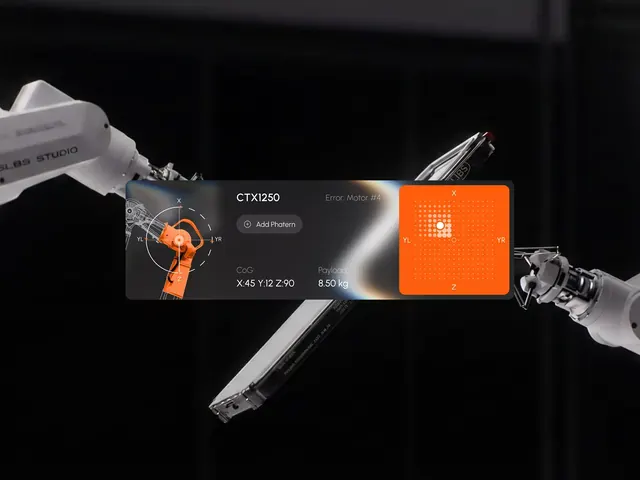 Robotic arm with technical data overlay, minimal, technical, dark