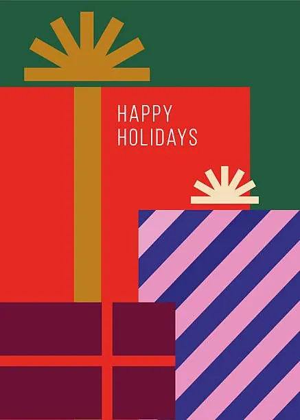 Holiday card with geometric color blocks and sunrise, flat, geometric, vibrant