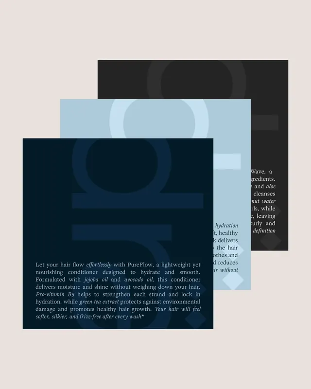 Layered teal and navy product description card, minimal, abstract, cool