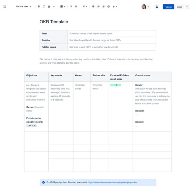 OKR tracking template with objectives table and status indicators, corporate-clean, minimal, light
