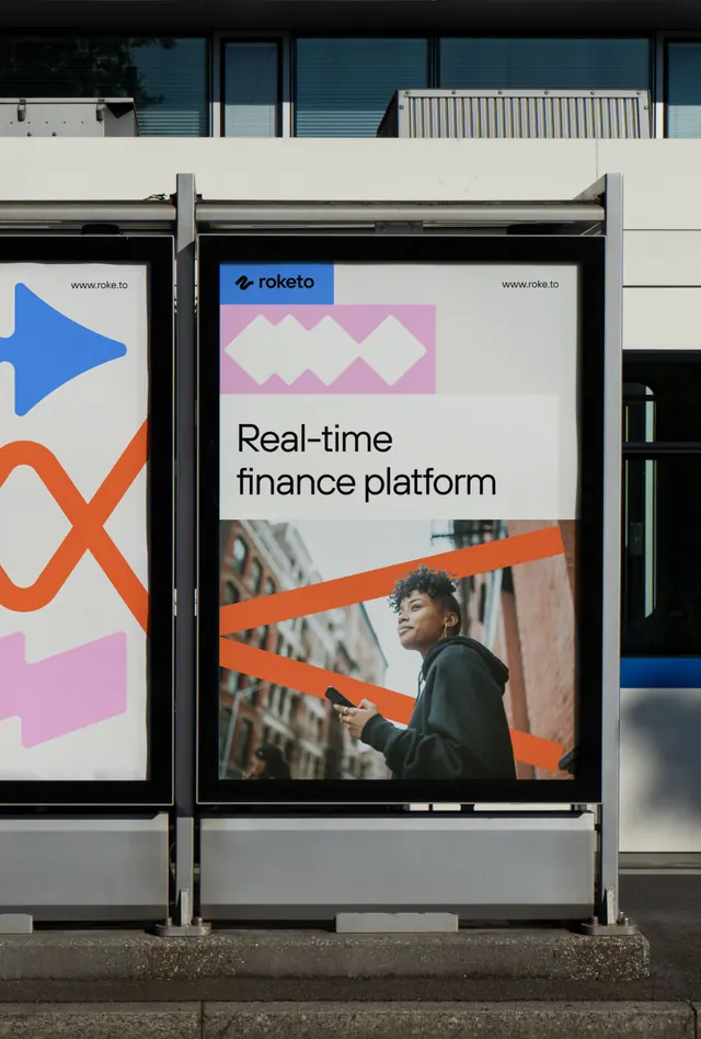 Roketo fintech billboard with geometric pattern, geometric, minimal, light