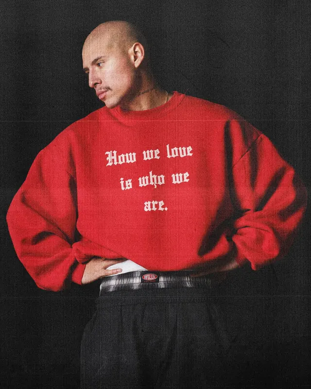 Red sweatshirt with typeface statement print, photographic, warm