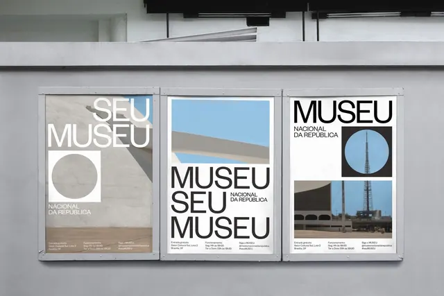 Minimal museum wayfinding posters in three-panel arrangement, minimal, geometric, light