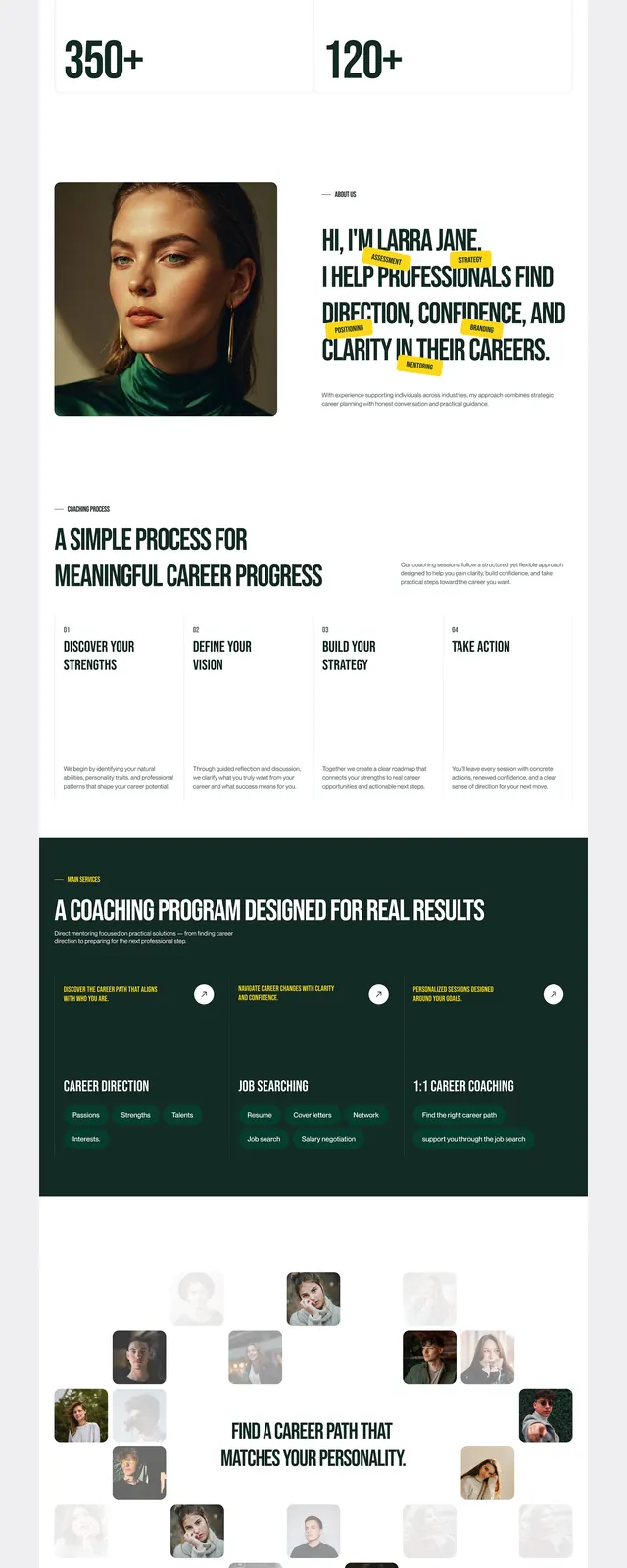 Career coaching brand website grid, corporate-clean, minimal, muted