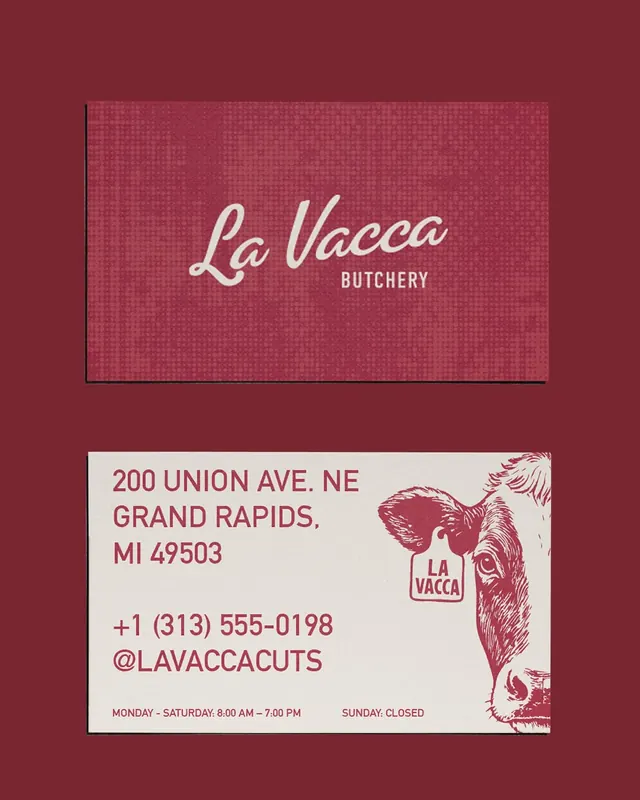 La Vacca Butchery business card with hand-drawn cow, editorial, illustrated, dark