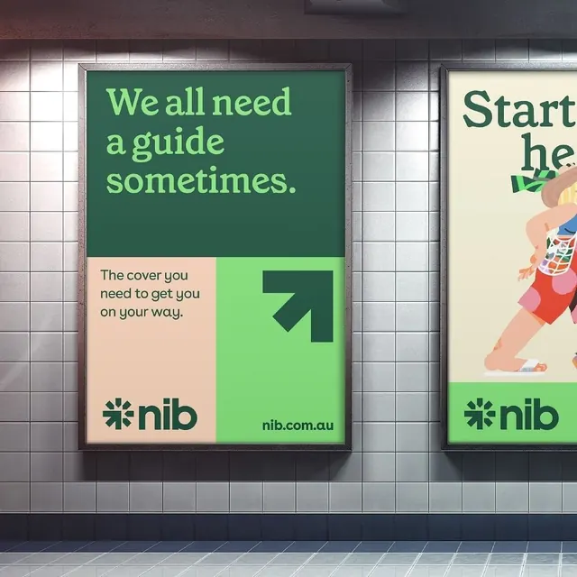 NIB insurance street poster in two-panel grid, minimal, corporate-clean, light