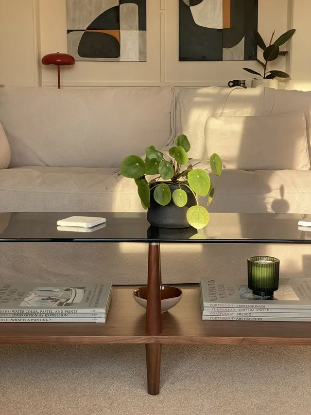 Minimalist interior living room with bold accent lamp, minimal, photographic, muted