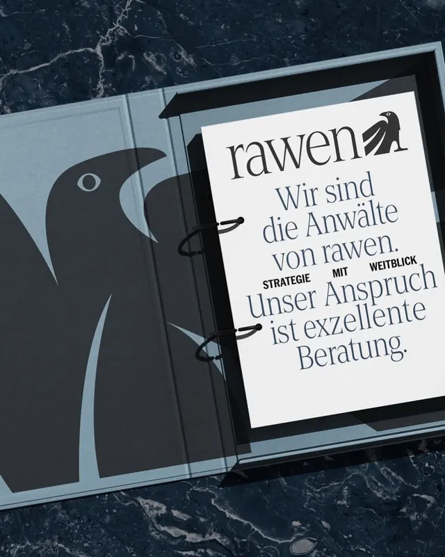 Rawen law firm branding with raven silhouette and marble overlay, minimal, corporate-clean, dark