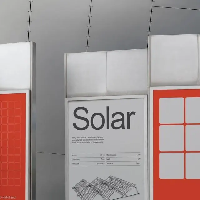 Solar energy exhibition panels with grid diagram and orange accent, minimal, corporate-clean, light