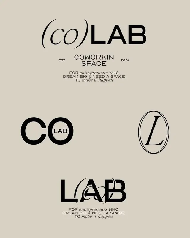 Co-working space logo and type system, minimal, monochrome, light