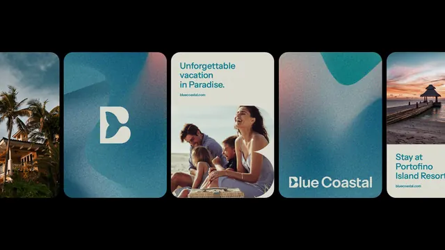 Blue Coastal Island Resort marketing cards, minimal, gradient-heavy, cool