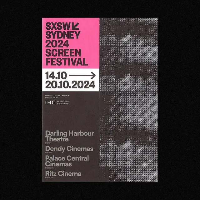 SXSW 2024 screen festival poster with angled halftone panel, minimal, editorial, dark