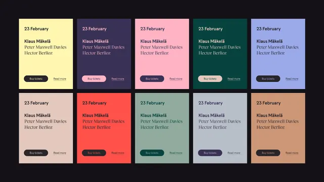 Event card grid with solid color blocks and prominent CTAs, minimal, flat, gradient