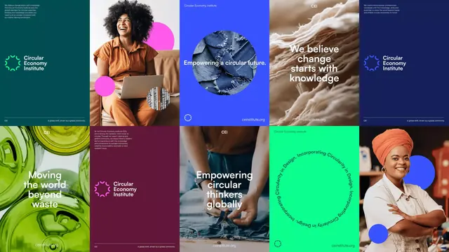 Circular economy campaign grid with vibrant layered graphics, minimal, corporate-clean, cool