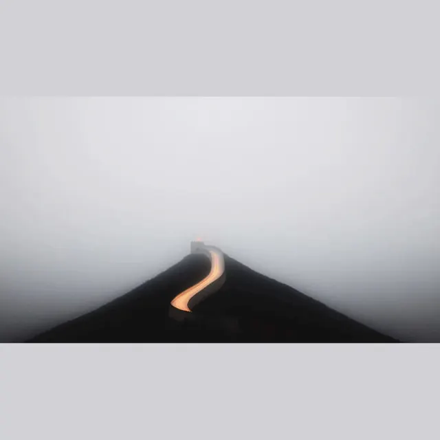 Mountain silhouette with lava stream, minimal, photographic, dark