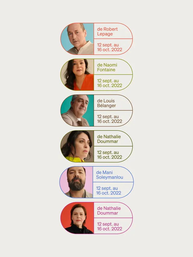 Colorful portrait timeline with rounded name/date cards, minimal, corporate-clean, light