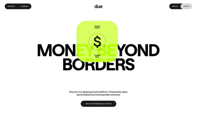 Bold black-and-lime hero with currency icon, minimal, corporate-clean, dark