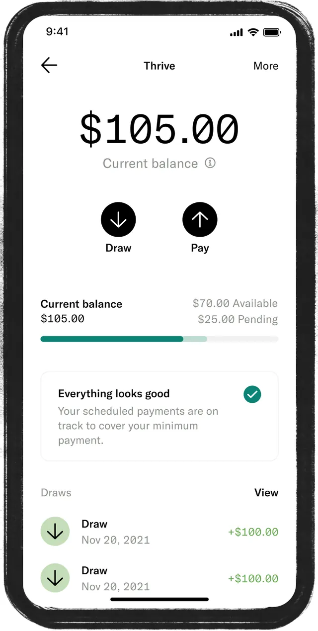 Thrive fintech mobile interface with draw and pay buttons, minimal, light